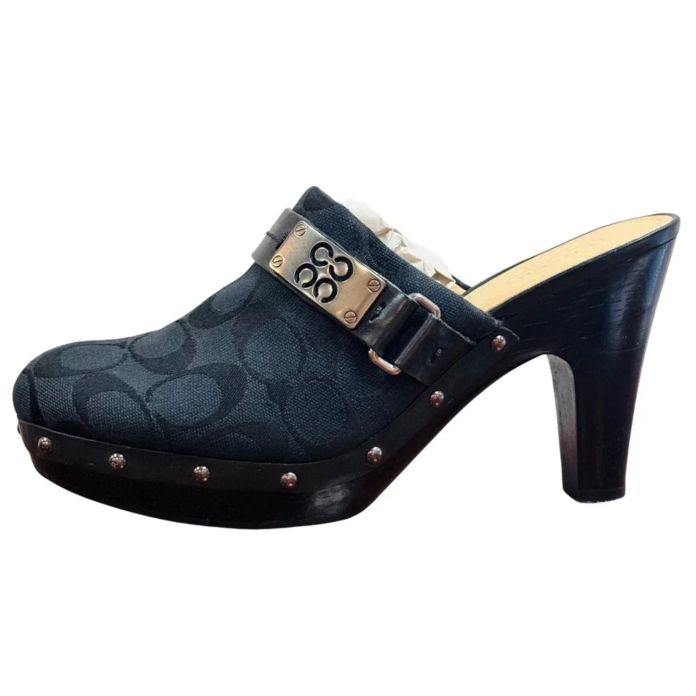 Coach Ivy Black Signature Jacquard Studded Wooden Platform Clogs Mules F2370 8B